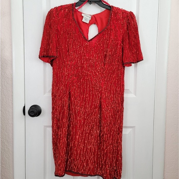 Vintage Sténay Red Beaded Open Back Midi Short Silk Shell Dress Size XL - Picture 2 of 7